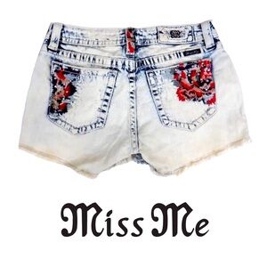 💙💖 Miss Me Embroidered Studded Denim Frayed Hem Signature Shorts